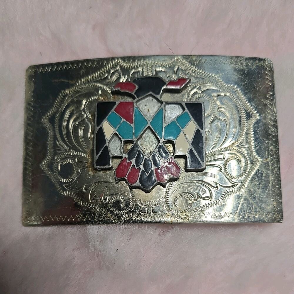 Vintage Frontier Buckles Thunderbird Belt Buckle Nickel Silver Multicolored Inla